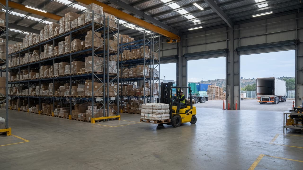 A forklift moving a pallet inside a warehouse with a truck at the dock