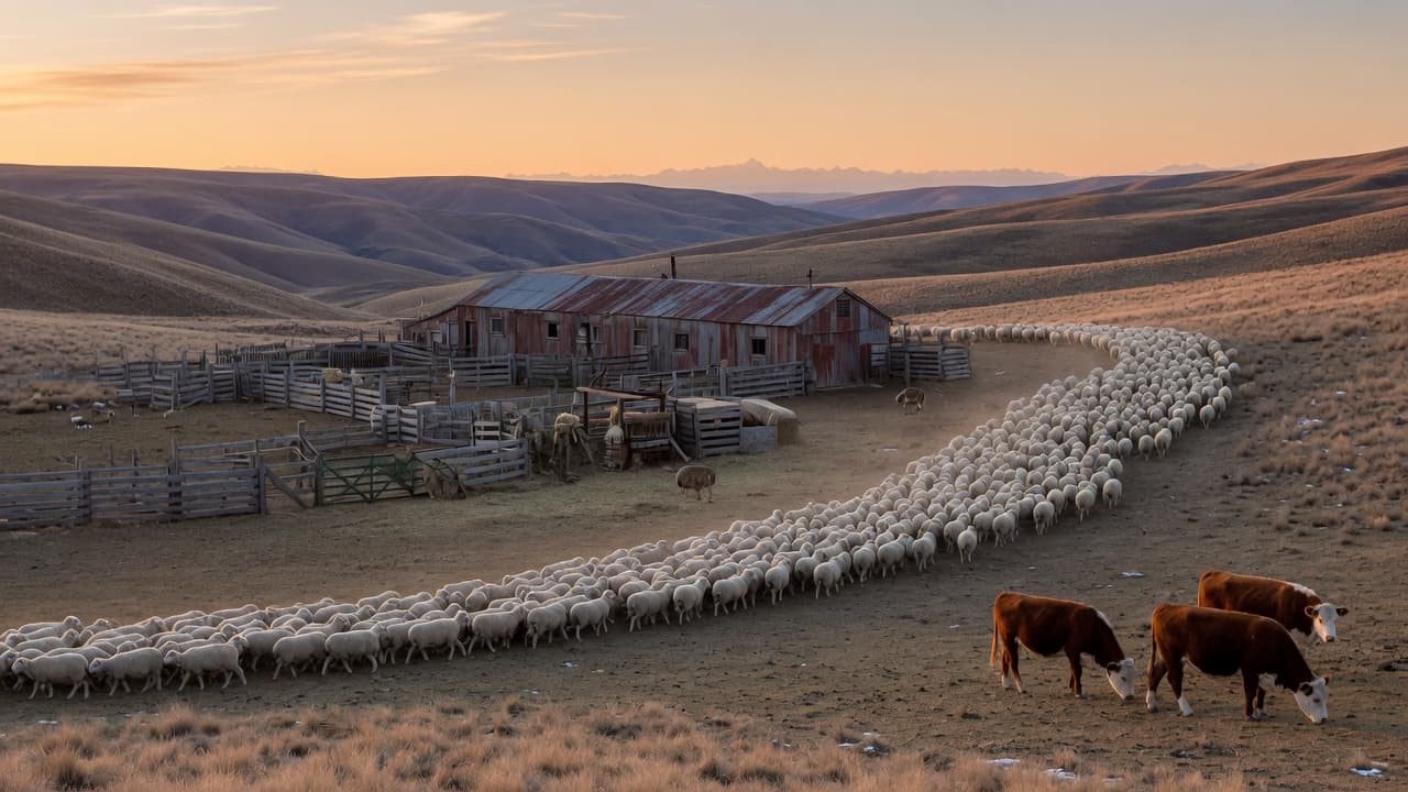 A sheep flock and beef cattle at a high-country station yard